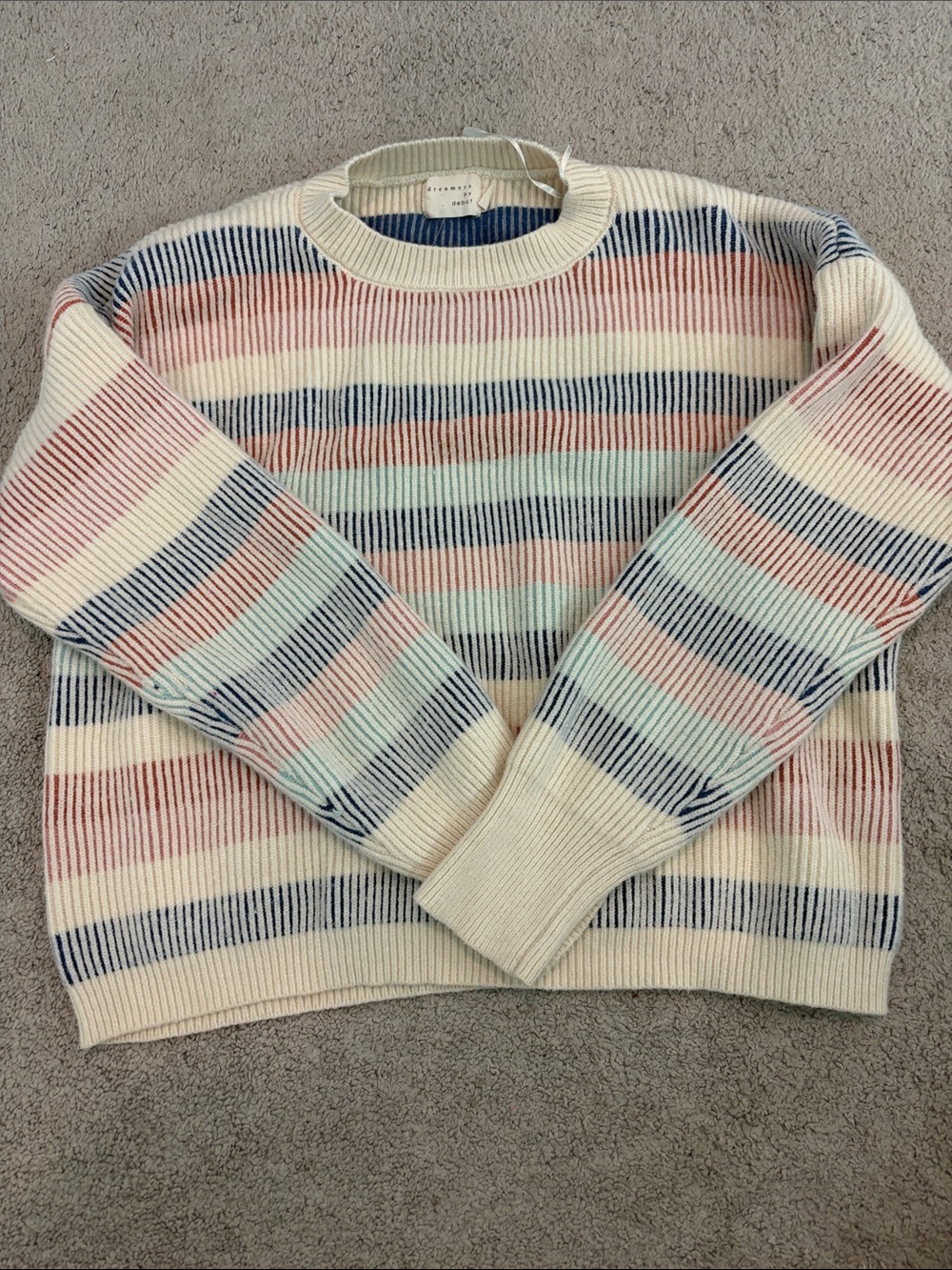 Dreamers Cream Crewneck Sweater with Blue, Pink and Mint Stripes